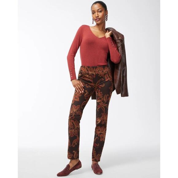 Chicos sz 1 Juliet Ponte Floral Ankle Pants sz 8 brown rust tan WP137 - Picture 1 of 9